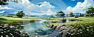 Charming 3D Landscape Wallpaper with Anime-Inspired Romantic Riverscape in White and Green