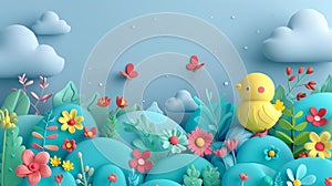 Charming 3D Paper Art With An Easter Chick, Butterflies, And Flowers. Spring Colors. AI Generated