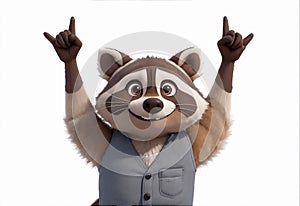 A charming 3D raccoon cartoon character rendering of cheerfully flashes the rock hand sign with a delightful and playful attitude