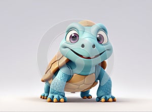 A charming 3D render of a baby turtle on white background in the form of an cute adorable and lovable cartoon character