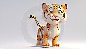 A charming 3D render of a tiger on white background in the form of an cute adorable and lovable cartoon character