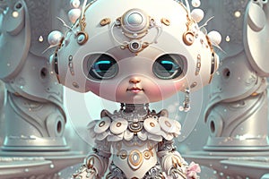 Charming Android: 3D Render of a Stylish Robot with Diamond Accessories and a Gift Box