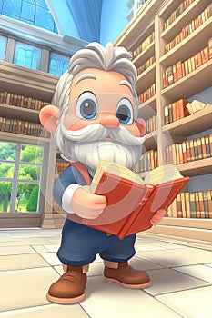 Animated Elder Man Reading Book in Cozy Library photo