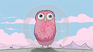 Charming Animated Pink Owl On Mountaintop - High Resolution Illustrations
