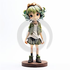 Charming Anime Figurine With Green Hair - Full Body Rinpa School Mushroomcore Design
