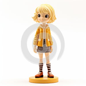 Charming Anime Girl Figure In Yellow Jacket And Striped Sweater