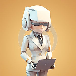 Charming Anime-inspired 3d Female Robot In Office With Laptop