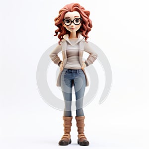 Charming Anime-inspired 3d Printed Toy Figure Of A Woman With Glasses And Denim Jacket