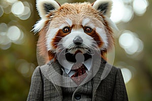 Charming Anthropomorphic red panda dressed suit. Generate Ai