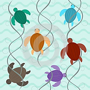 Charming aquatic turtles floating underwater seamless pattern