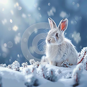 Charming arctic hare against snowy backdrop, perfect for text inclusion photo
