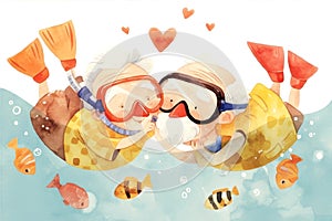 Charming artwork capturing a sweet moment between an elderly couple snorkeling photo