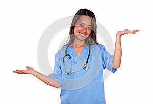 Charming asiatic nurse woman holding out her palms