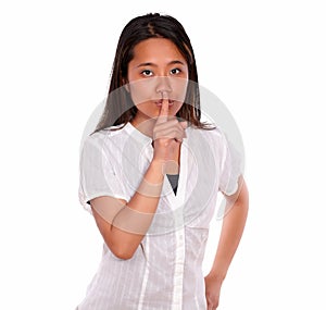 Charming asiatic young woman requesting silence photo