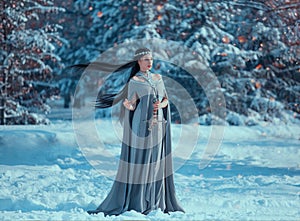 Charming attractive lady in snowy forest, militant elf princess with black long flying hair holds sword, loose gray warm