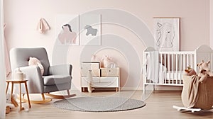 Charming Baby Oasis: Rocking Horse and Delicate Pink Touches in a Bright Scandinavian Nursery. Generative AI