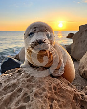 Sunset Serenity with Baby Seal on Coastal Rocks, AI Generated