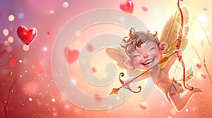 A charming banner of a smiling Cupid poised with a golden bow and arrow