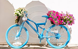 Charming bar and street decoration design in retro style with old bicycle and flowers.Floral streets