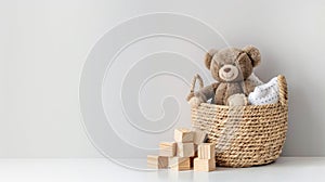 a charming basket filled with an assortment of toys-wooden and plastic blocks, cuddly teddy bears, and a cheerful rattle