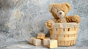 a charming basket filled with an assortment of toys-wooden and plastic blocks, cuddly teddy bears, and a cheerful rattle