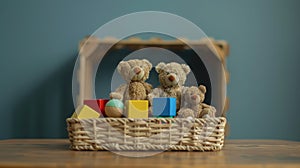 a charming basket filled with an assortment of toys-wooden and plastic blocks, cuddly teddy bears, and a cheerful rattle