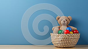 a charming basket filled with an assortment of toys-wooden and plastic blocks, cuddly teddy bears, and a cheerful rattle