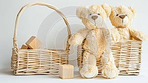 a charming basket filled with an assortment of toys-wooden and plastic blocks, cuddly teddy bears, and a cheerful rattle