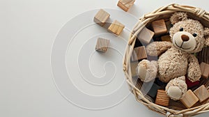 a charming basket filled with an assortment of toys-wooden and plastic blocks, cuddly teddy bears, and a cheerful rattle