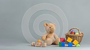 a charming basket filled with an assortment of toys-wooden and plastic blocks, cuddly teddy bears, and a cheerful rattle