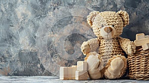 a charming basket filled with an assortment of toys-wooden and plastic blocks, cuddly teddy bears, and a cheerful rattle