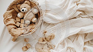a charming basket filled with an assortment of toys-wooden and plastic blocks, cuddly teddy bears, and a cheerful rattle