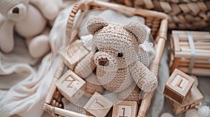 a charming basket filled with an assortment of toys-wooden and plastic blocks, cuddly teddy bears, and a cheerful rattle