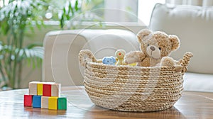 a charming basket filled with an assortment of toys-wooden and plastic blocks, cuddly teddy bears, and a cheerful rattle