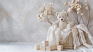 a charming basket filled with an assortment of toys-wooden and plastic blocks, cuddly teddy bears, and a cheerful rattle