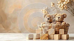 a charming basket filled with an assortment of toys-wooden and plastic blocks, cuddly teddy bears, and a cheerful rattle