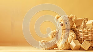 a charming basket filled with an assortment of toys-wooden and plastic blocks, cuddly teddy bears, and a cheerful rattle