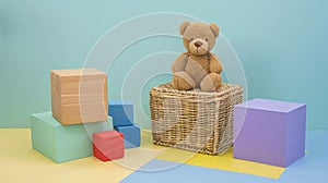a charming basket filled with an assortment of toys-wooden and plastic blocks, cuddly teddy bears, and a cheerful rattle