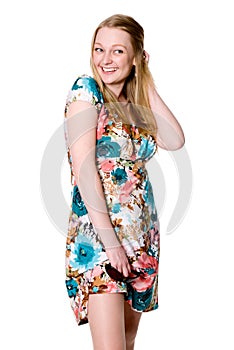 Charming beautiful blonde lays bare knee.