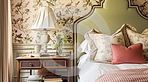 Charming bedroom decor, interior design and home decor, bed with elegant bedding and bespoke furniture, English country