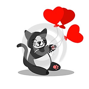 Charming black cat with balloons in form of hearts. Vector illustration isolated on white background. Image can be used