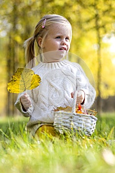 Charming blonde girl in the autumn forest.