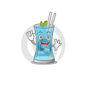 A charming blue hawai cocktail mascot design style smiling and waving hand