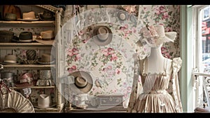 A charming boutique interior with quaint floral wallpaper vintage hat boxes adorning the shelves and mannequins dressed