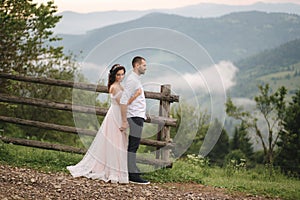 Charming bride hug her handsome groom in mountains. Beautiful wedding couple walk. Green gackground