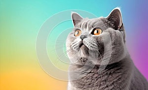 Charming British Shorthair Cat against a bright pastel background. Generative AI.