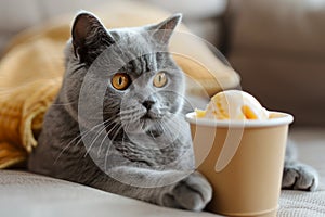 Charming British Shorthair Cat with Intense Orange Eyes Lounging Next to a Cup of Ice Cream on a Cozy Couch Indoors