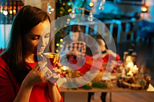 Charming brunette lady drinking an aromatic winter cup of the tea