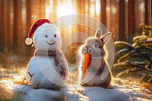 charming bunny gnaws the nose of a snowman\'s carrot in a sunny winter forest