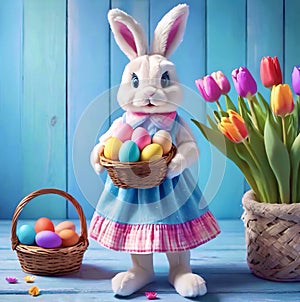 A charming bunny holding a basket with the Easter eggs near the fresh multicolour tulips